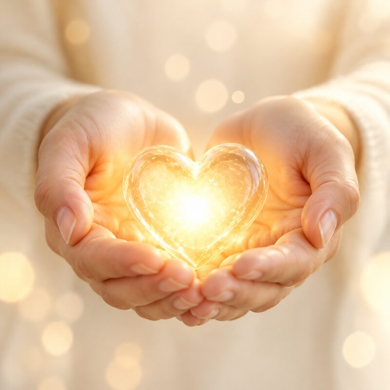 Hands holding a heart of light